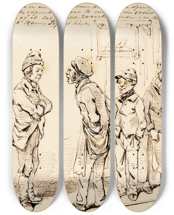 Triptych art skateboard deck of Pieter Van Loon Karik Ruzie Bij Een Caf by Pieter Van Loon (1801-1873)