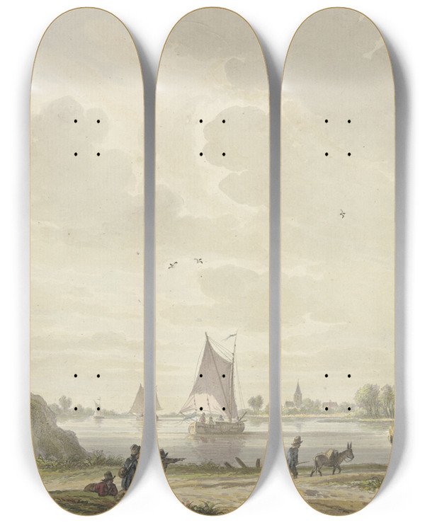 Triptych art skateboard deck of Nicolaas Wicart Auf Einem Fluss Segeln Drei Barken Vorne Auf Dem Weg Ein Mann Mit Einem Esel Weiter Links Vier Figuren by Nicolaas Wicart (1748-1815)