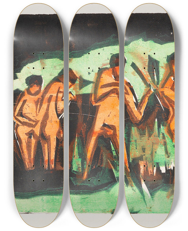 Triptych art skateboard deck of Ernst Ludwig Kirchner Mit Schilf Werfende Badende by Ernst Ludwig Kirchner (1880-1938)