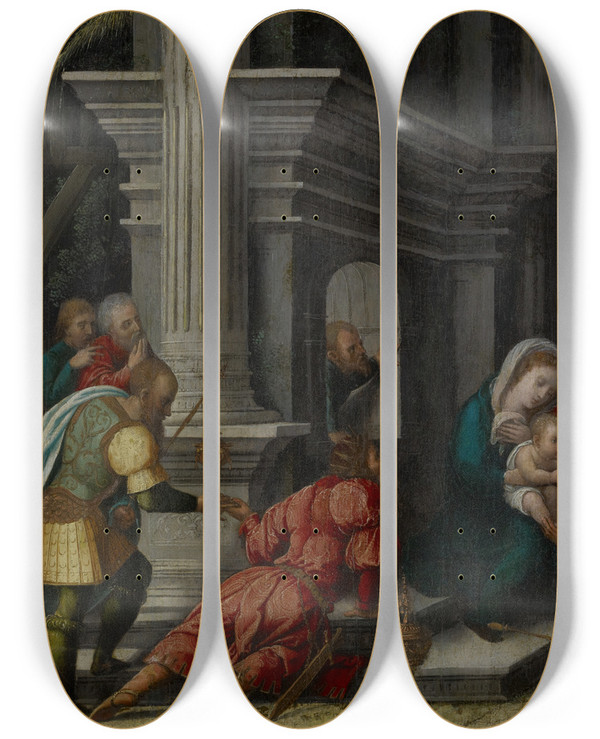 Triptych art skateboard deck of Bernard Van Orley The Adoration Of Themagi by Bernard Van Orley (1492-1542)