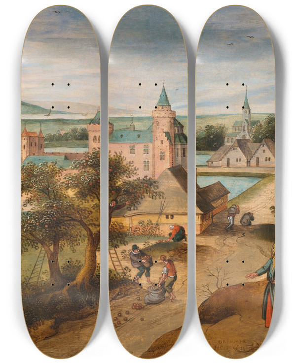 Triptych art skateboard deck of Abel Grimmer September The Parable Of The Barren Fig Tree by Abel Grimmer (1570-1620)