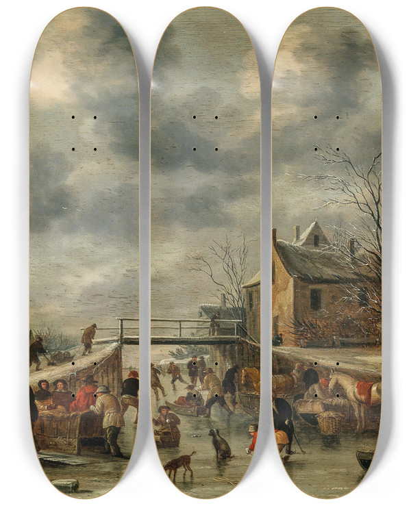 Triptych art skateboard deck of Nicolaes Molenaer A Winter Landscape With Skaters On A Frozen River by Nicolaes Molenaer (1626-1676)