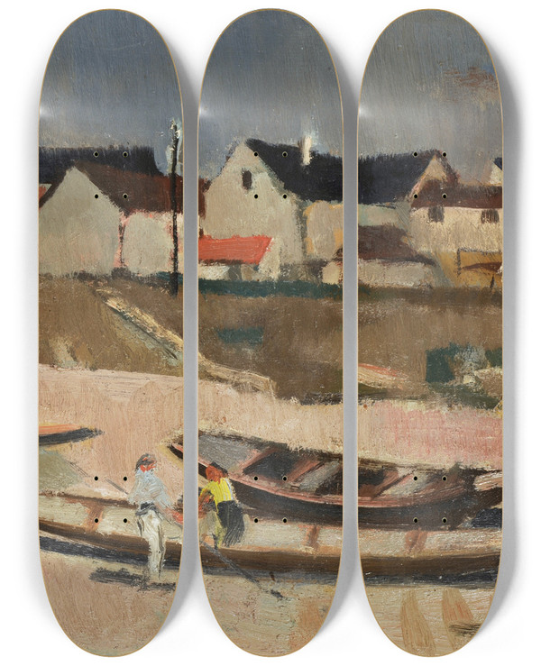 Triptych art skateboard deck of Arnold Fiechter Fishermans Village In The Region Of Baden by Arnold Fiechter (1879-1943)