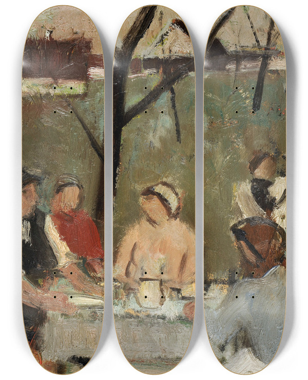 Triptych art skateboard deck of Arnold Fiechter Family At The Table Outdoors by Arnold Fiechter (1879-1943)