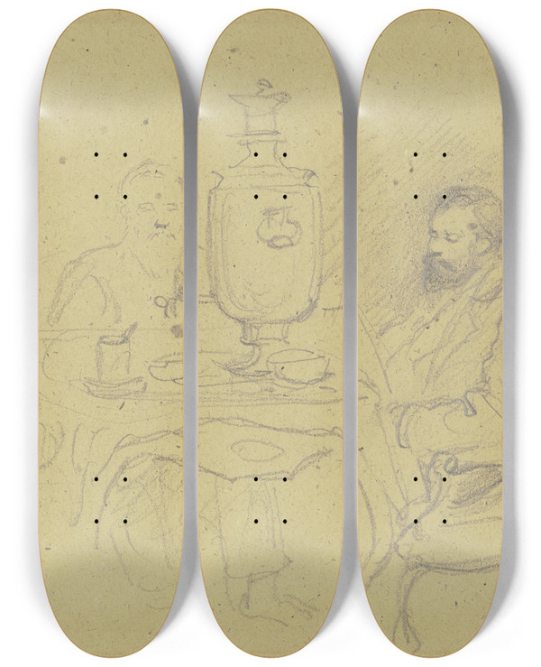 Triptych art skateboard deck of Wilhelm Amandus Beer Russians At Tea by Wilhelm Amandus Beer (1837-1907)