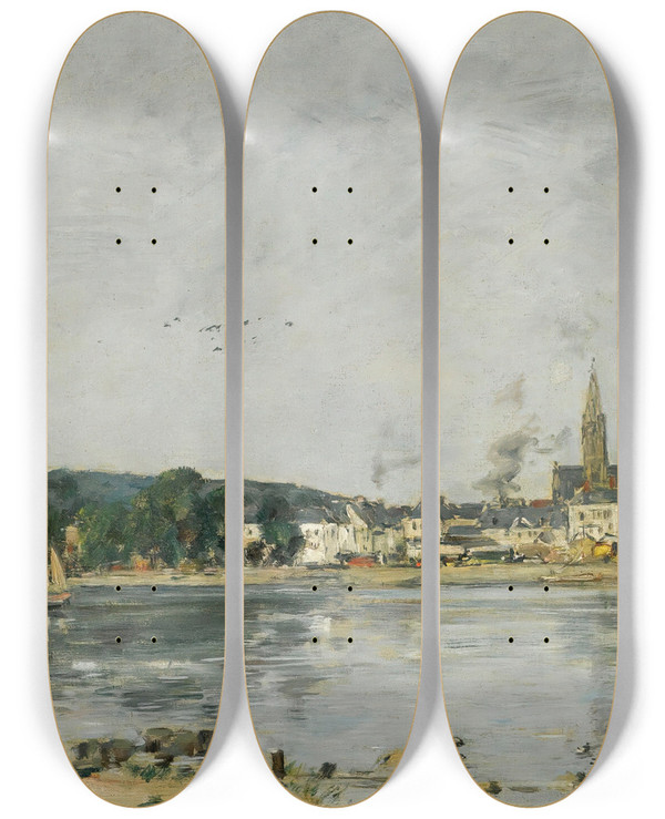 Triptych art skateboard deck of Eugne Boudin Caudebecencaux Le Quai De La Seine by Eugene Boudin (1824-1898)
