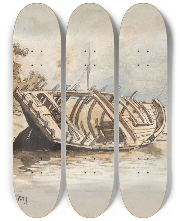 Triptych art skateboard deck of Hans Gude Fra Sannox Bay Arran by Hans Gude (1825-1903)