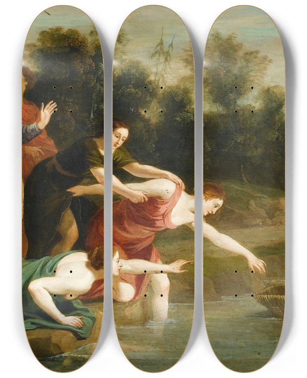 Triptych art skateboard deck of Jacques Stella The Finding Of Moses by Jacques Stella (1596-1657)