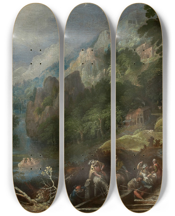 Triptych art skateboard deck of Frederik Van Valckenborch Mountain Landscape With Travelers At A Well by Frederik Van Valckenborch (1566-1623)