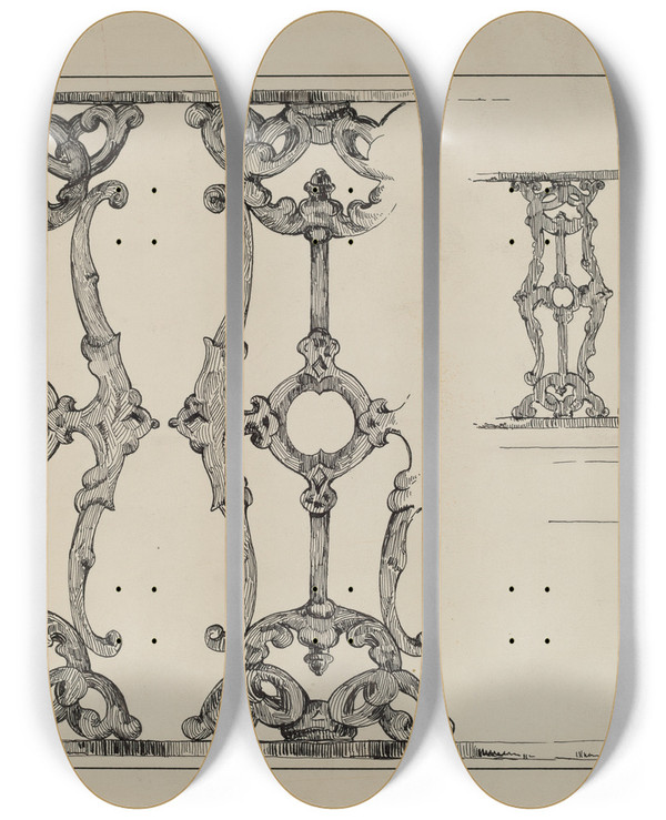 Triptych art skateboard deck of Arelia Arbo Iron Balcony Railing by Arelia Arbo