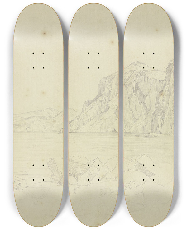 Triptych art skateboard deck of Johannes Thomas Rocky Coast Of Capri by Johannes Thomas (1793-1863)