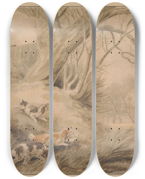 Triptych art skateboard deck of Samuel Howitt Woodcock Shooting_3 by Samuel Howitt (1756-1822)