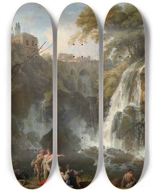 Triptych art skateboard deck of Claudejoseph Vernet The Waterfalls At Tivoli With The Villa Of Maecenas by Claude Joseph Vernet (1714-1789)