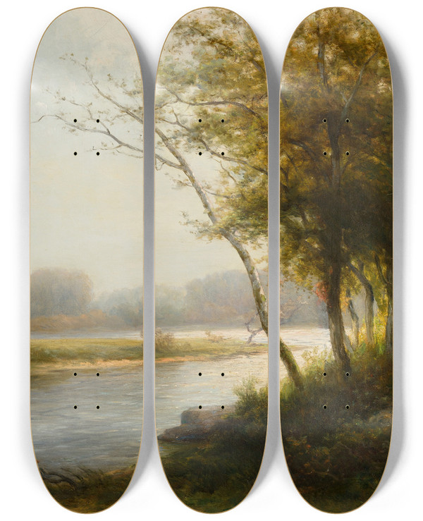 Triptych art skateboard deck of Hendrik Dirk Kruseman Van Elten Morgenstond Te Little Falls by Hendrik Dirk Kruseman Van Elten (1829-1904)