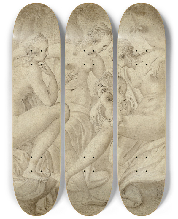 Triptych art skateboard deck of Anthonie Van Blocklandt Cecrops Daughters Uncover Erichthonius by Anthonie Van Blocklandt (1533-1583)