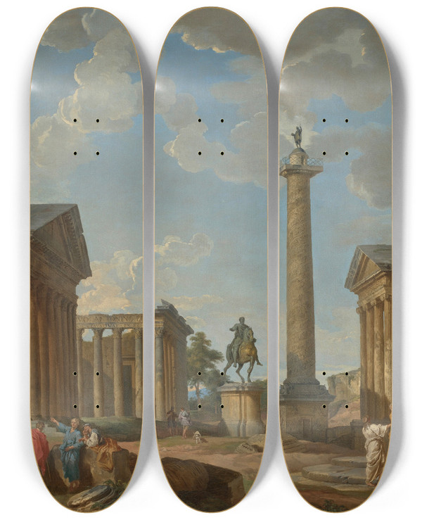 Triptych art skateboard deck of Giovanni Paolo Panini A Capriccio Of Roman Ruins by Giovanni Paolo Panini (1691-1765)