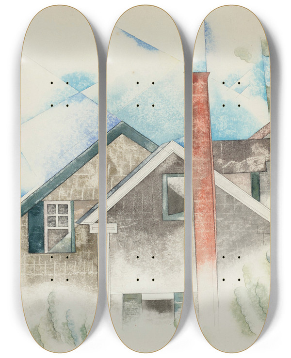 Triptych art skateboard deck of Charles Demuth Houses by Charles Demuth (1883-1935)
