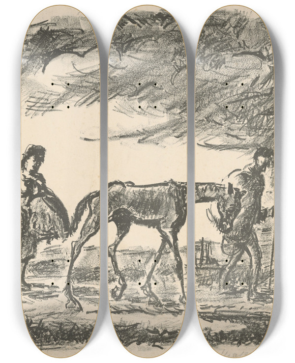 Triptych art skateboard deck of Cyprin Majernk Vysahovalci by Cyprian Majernik (1909-1945)