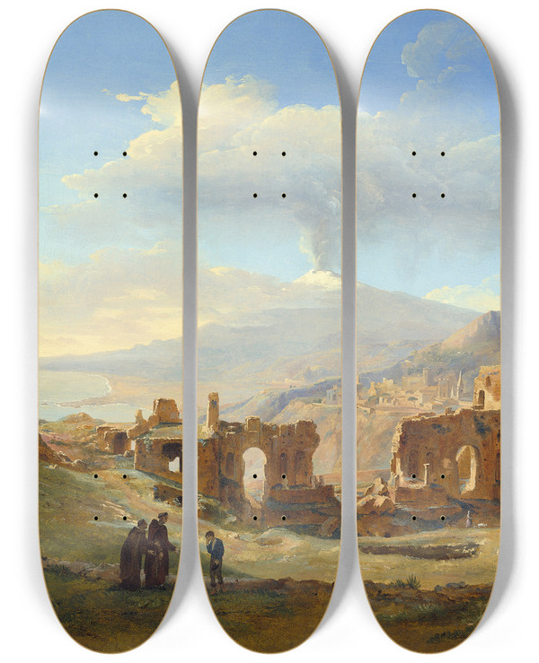 Triptych art skateboard deck of Louisejosphine Sarazin De Belmont The Roman Theater At Taormina by Louise-Josphine Sarazin de Belmont (1790-1871)