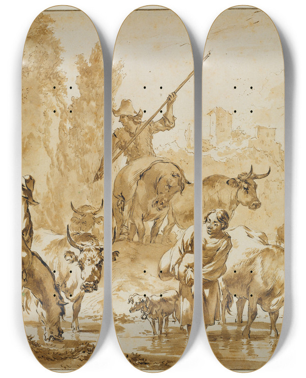 Triptych art skateboard deck of Nicolaes Pietersz Berchem Zwei Hirten Zu Pferde Treiben Vieh Durchs Wasser Die Hirtin Mit Einem Sack Wartet Hindurch by Nicolaes Pietersz Berchem (1620-1683)