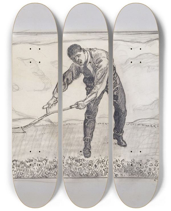 Triptych art skateboard deck of Ferdinand Hodler Mower On The Field by Ferdinand Hodler (1853-1918)