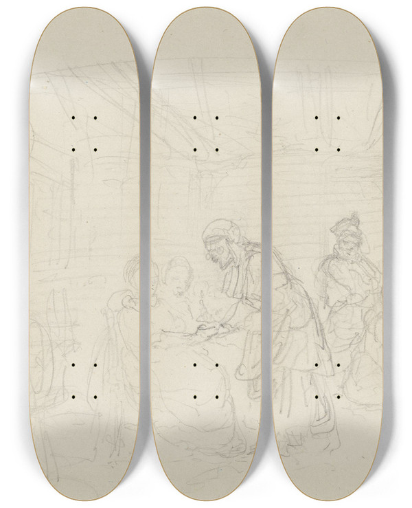 Triptych art skateboard deck of Adolph Tidemand Figurer I Bondeinterir by Adolph Tidemand (1814-1876)