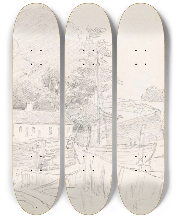 Triptych art skateboard deck of Hans Gude Fra Oban by Hans Gude (1825-1903)