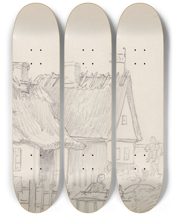 Triptych art skateboard deck of Adolph Tidemand Fra Taarbk by Adolph Tidemand (1814-1876)