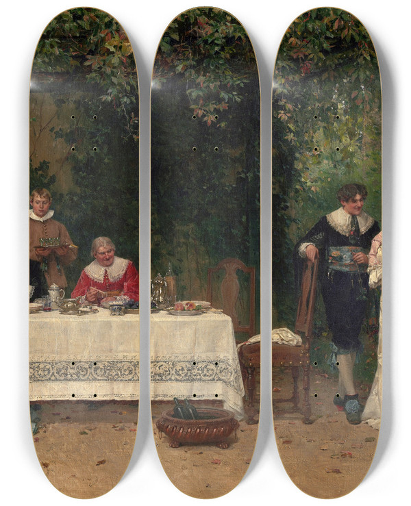 Triptych art skateboard deck of Adrien Moreau The Proposal by Adrien Moreau (1843-1906)