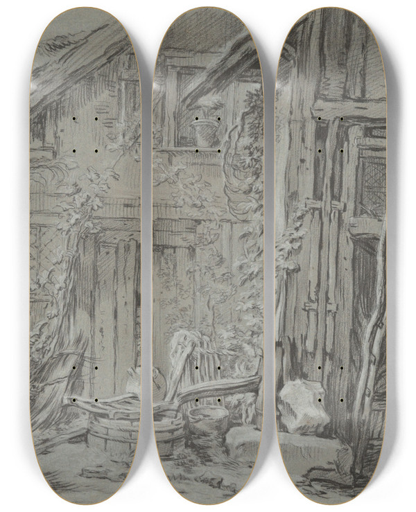Triptych art skateboard deck of Franois Boucher The Dilapidatedfarmhouse by Francois Boucher (1703-1770)