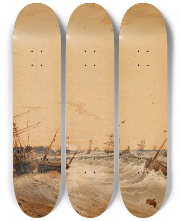 Triptych art skateboard deck of Franois Louis Thomas Francia Calais Harbour by Francois Louis Thomas Francia (1772-1839)