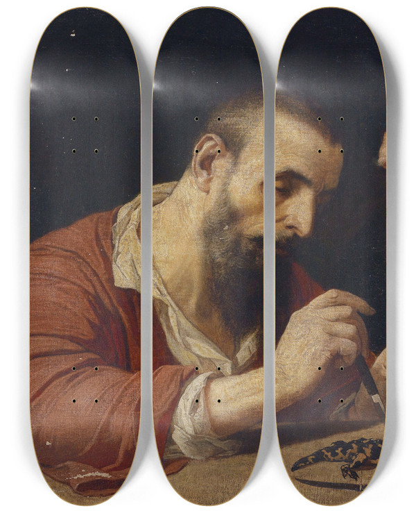 Triptych art skateboard deck of Hans Canon Der Salamander by Hans Canon (1829-1885)
