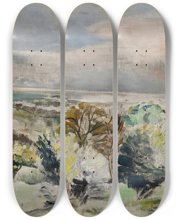 Triptych art skateboard deck of Paul Nash Wooded Landscape by Paul Nash (1889-1946)