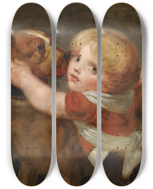 Triptych art skateboard deck of Jeanbaptiste Greuze A Young Boy With A Dog by Jean-Baptiste Greuze (1725-1805)