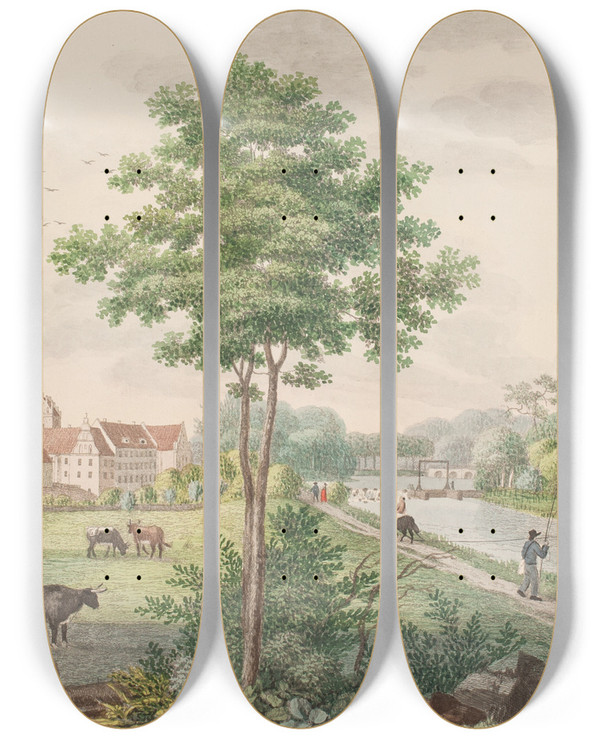 Triptych art skateboard deck of Sren L Lange Herlufsholm by Soren L Lange (1760-1828)