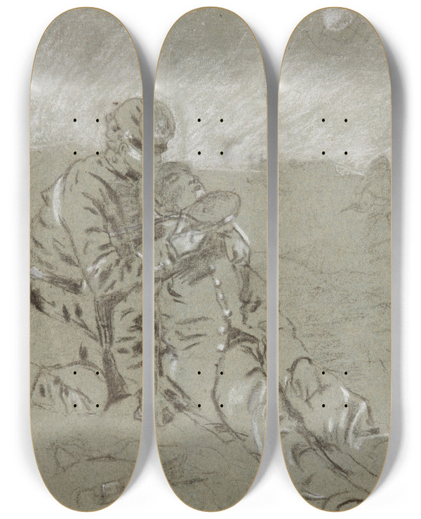 Triptych art skateboard deck of Winslow Homer Soldier Giving Water To A Wounded Companion by Winslow Homer (1836-1910)