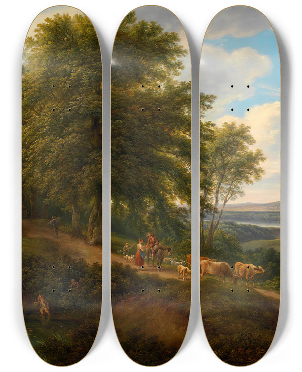 Triptych art skateboard deck of Joseph Mssmer Flulandschaft Mit Viehherde by Joseph Mossmer (1780-1845)