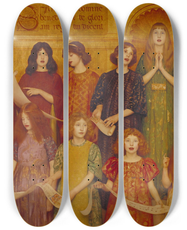 Triptych art skateboard deck of Thomas Cooper Gotch Alleluia by Thomas Cooper Gotch (1854-1931)