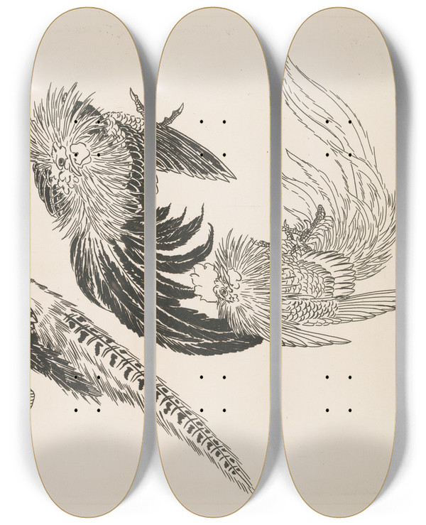 Triptych art skateboard deck of Flix Bracquemond Faisans Oiseaux by Felix Bracquemond (1833-1914)
