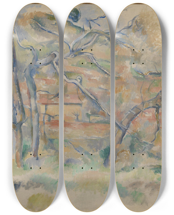 Triptych art skateboard deck of Paul Czanne Trees And House Provence by Paul Cezanne (1839-1906)