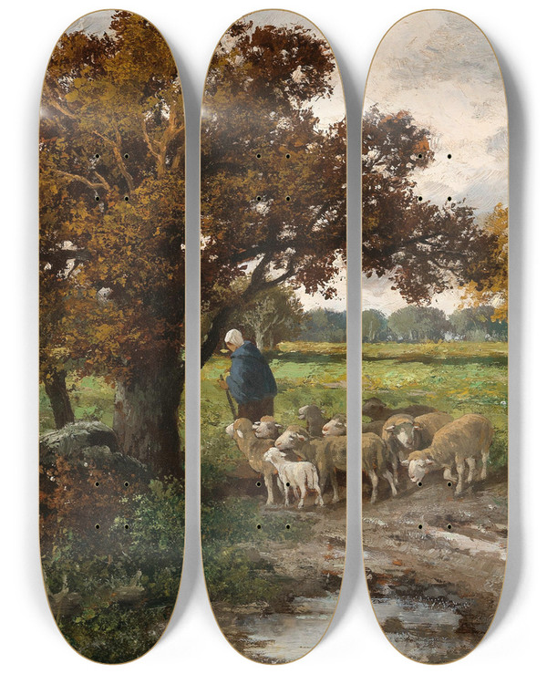 Triptych art skateboard deck of Adolf Kaufmann A Shepherdess With A Flock Of Sheep by Adolf Kaufmann (1848-1916)