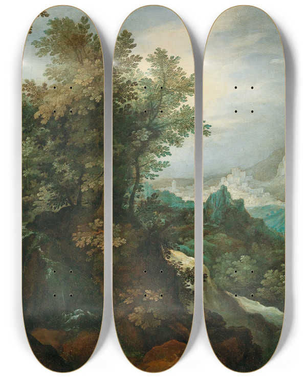 Triptych art skateboard deck of Paul Bril A Mountainous River Landscape With A Hermit by Paul Bril (1554-1626)