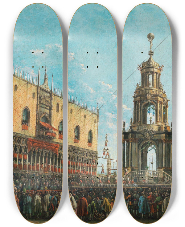 Triptych art skateboard deck of Giuseppe Bernardino Bison The Giovedi Grasso Festival Before The Ducal Palace In Venice by Giuseppe Bernardino Bison (1762-1844)