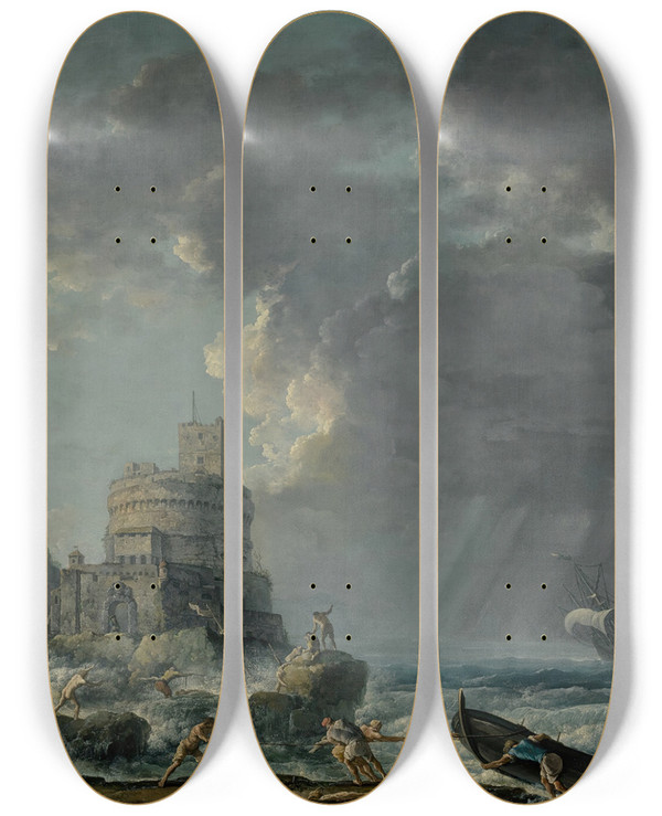 Triptych art skateboard deck of Carlo Bonavia A Storm Off A Rocky Coast With A Shipwreck In The Foreground And A Fort On The Rocky Shoreline Above by Carlo Bonavia (1751-1788)