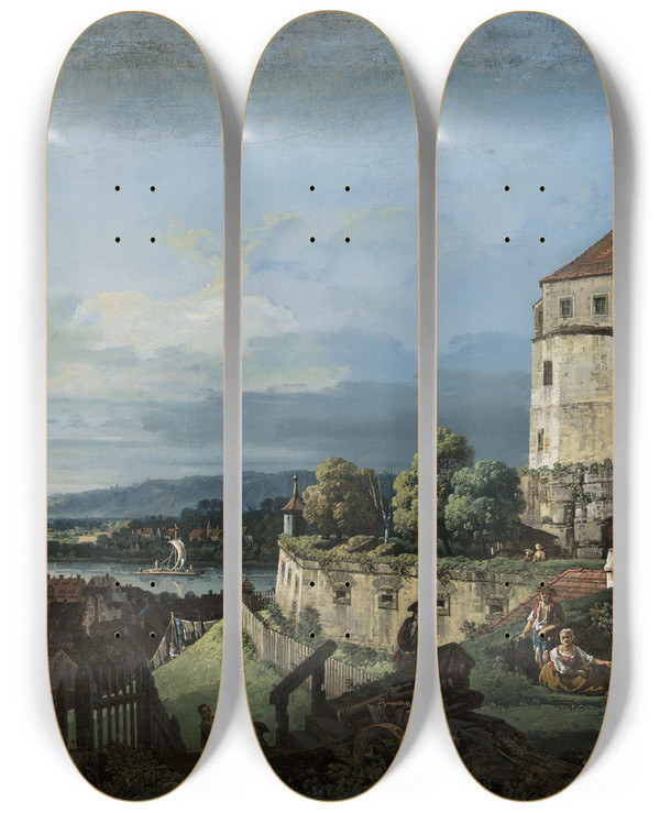 Triptych art skateboard deck of Bernardo Bellotto View Of Pirna In Saxony_1 by Bernardo Bellotto (1721-1780)