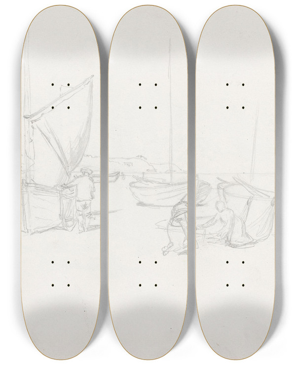 Triptych art skateboard deck of Hans Gude Figurer Og Bter P Stranden by Hans Gude (1825-1903)