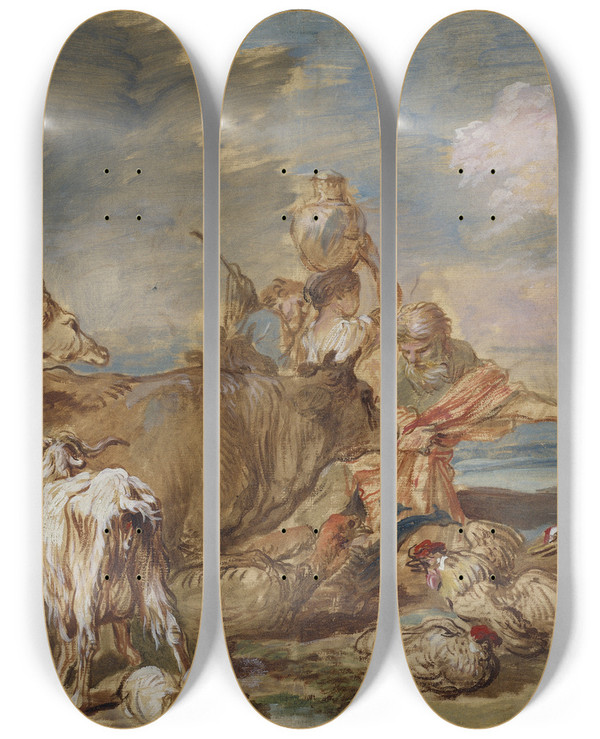 Triptych art skateboard deck of Giovanni Benedetto Castiglione Noah Leading The Animals Into The Ark_1 by Giovanni Benedetto Castiglione (1609-1664)