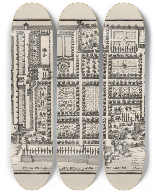Triptych art skateboard deck of Giovanni Battista Falda Li Giardini Di Roma Con Le Loro Piante Alzate E Vedvte In Prospettiva Pl09 by Giovanni Battista Falda (1643-1678)