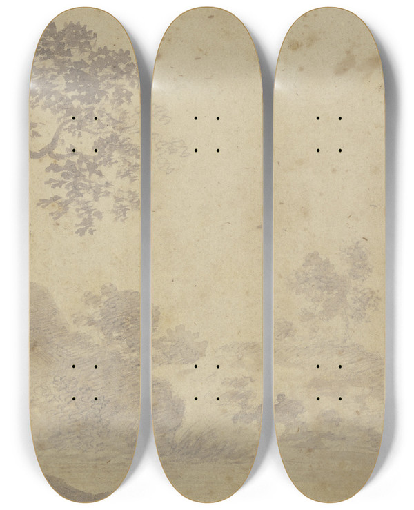 Triptych art skateboard deck of Carl Friedrich Von Rumohr Hgellandschaft Mit Baumpaar Vorne Links by Carl Friedrich Von Rumohr