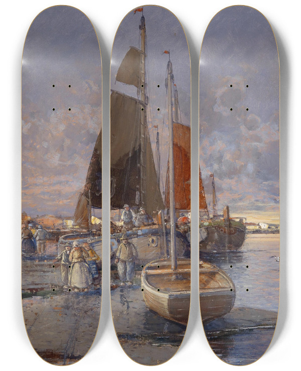 Triptych art skateboard deck of Georg Fischhof Fischer An Der Mole Im Abendrot by Georg Fischhof (1859-1914)